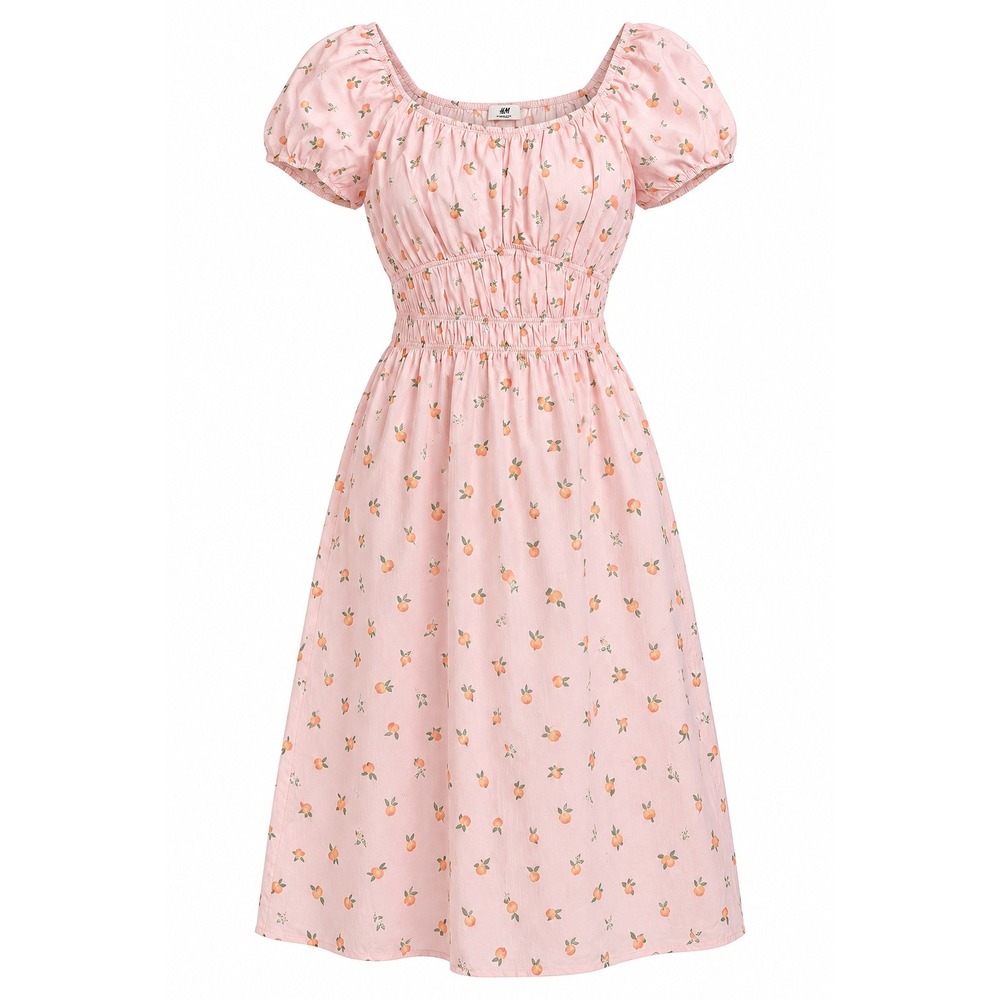 HM Girls Pink Peach Print Puff Sleeve Cotton Dress Size 18 Smocked Waist - Picture 1 of 8